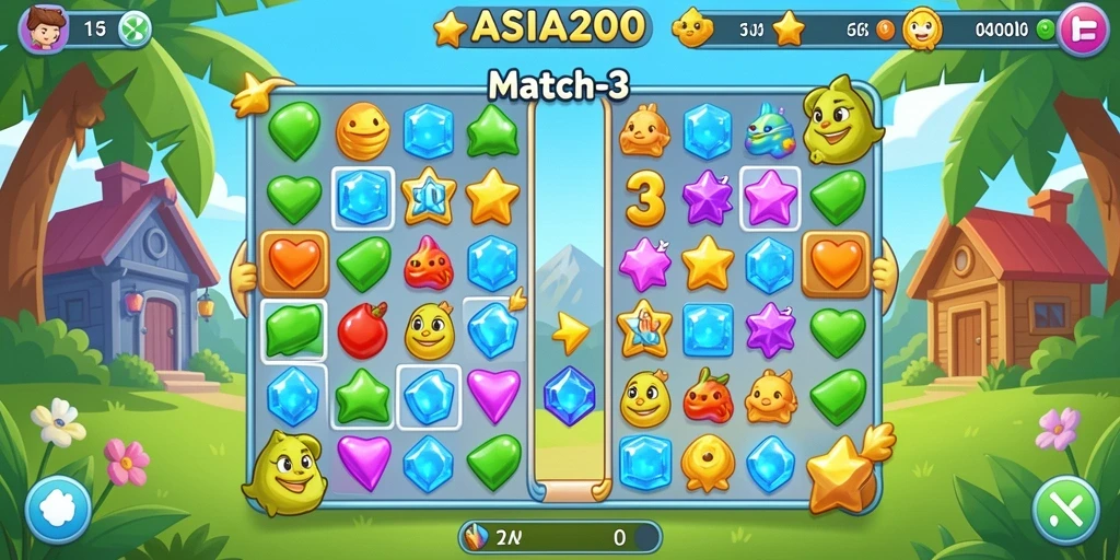 Antarmuka ASIA200 menampilkan permainan Puzzle Match-3 yang menarik.
