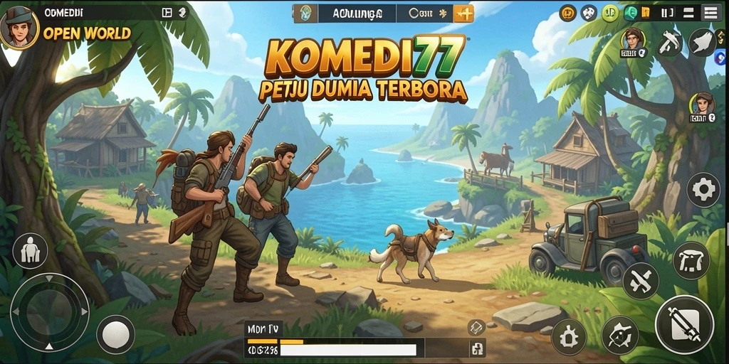 Screenshot antarmuka KOMEDI77 menampilkan petualangan dalam dunia terbuka.
