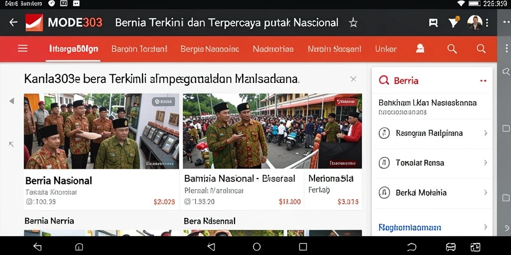 Tampilan utama antarmuka MODE303 dengan berbagai kategori berita nasional.