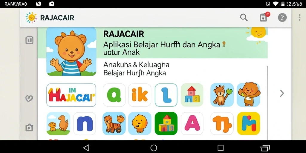 Screenshot aplikasi RAJACAIR menampilkan antarmuka belajar huruf dan angka yang interaktif.